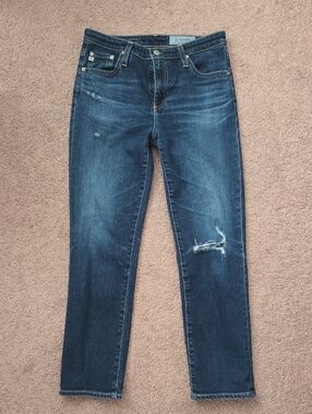 Ag Adriano Goldschmied Dark Blue Denim Jeans with Tan Stitching
